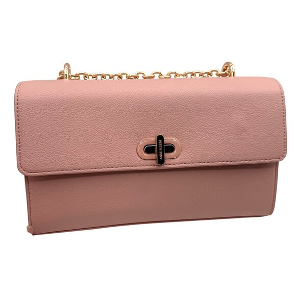 Anne Klein 10" X 6" X 3" Pink Crossbody Bag Faux Leather Gold Chain Flap Bag - Picture 2 of 10